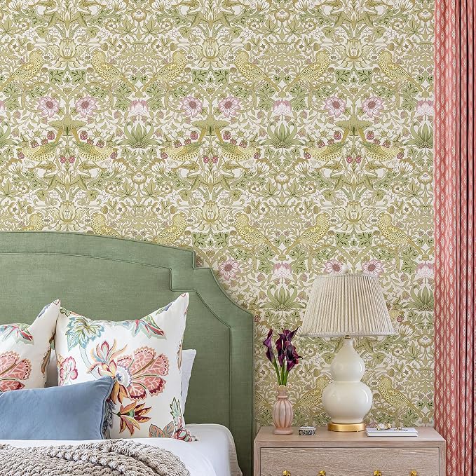 HueBurst White Floral Peel and Stick Wallpaper William Morris Vintage Botanical/Bird Removable Wall Paper,Self Adhesive Waterproof Contact Paper for Living Room Dining Room Kitchen Decor 17.7 x 236In