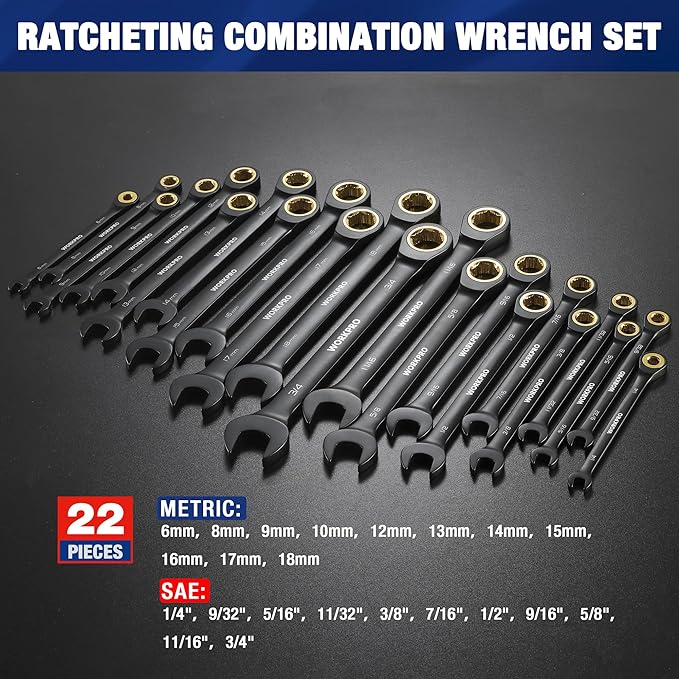 WORKPRO 22-Piece Ratcheting Wrench Set, Metric 6-18mm & SAE 1/4-3/4" | Anti-slip Teeth, Organizer Box, for Home Project, Machinery