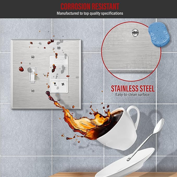 ENERLITES Combination Toggle Light Switch or Decorator Switch Metal Wall Plate, Corrosive Resistant, Mid-Size 2-Gang 4.88" x 4.92", 771131M, 430 Stainless Steel, UL Listed, Silver