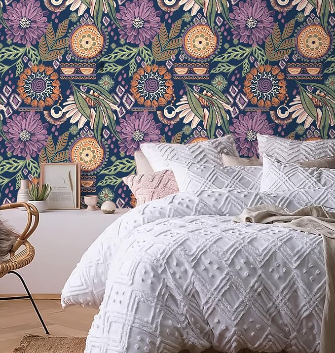 HAOKHOME Peel and Stick Wallpaper Boho Navy Purple Terracotta Retro Floral | Renter Friendly Removable Textured Vintage Moody Botanical Wall Paper for Bathroom Bedroom Accent Wall Decor 17.3in x 9.8ft