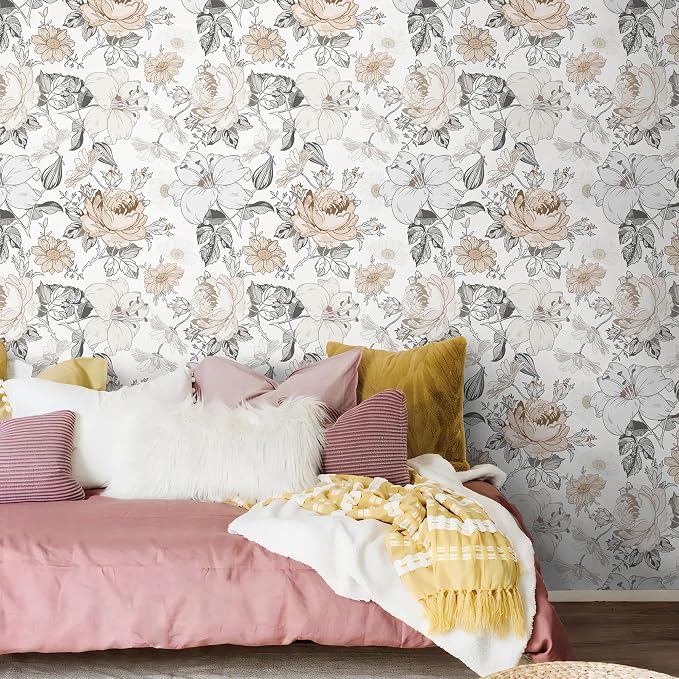 Hopepak 15.5'' x 197'' Floral Wallpaper Peel and Stick Modern for Bedroom Self Adhesive Removable Eco-Friendly Contact Paper Waterproof for Bathroom Living Room Shelf Drawers Decoral Vinyl Roll