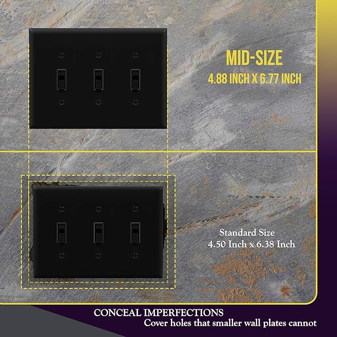 ENERLITES Triple Light Switch Wall Plate, Toggle Switch Plate, Gloss Finish, 3-Gang Mid-Size 4.88" x 6.77", Unbreakable Polycarbonate Thermoplastic, UL Listed, 8813M-BK, Black