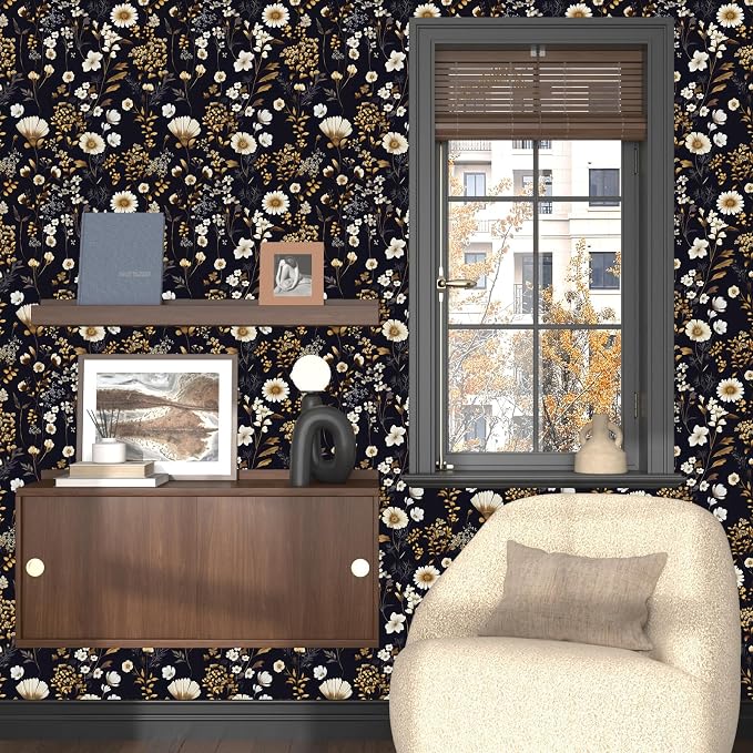 Dark Floral Gold Leaf Vintage Wallpaper Peel and Stick 17.5''x118'' | Self Adhesive/Removable/Waterproof/Thick Vinyl Contact Paper for Bathroom Bedroom Shelf Cabinet Drawer,Prepasted,Easy Peel