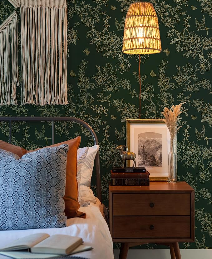 Froluya Green and Gold Peel and Stick Wallpaper for Bathroom 17.7in×590.5in | Dark Green Floral Wallpaper Vintage Contact Paper Peel and Stick Flowers Birds Removable Self Adhesive Cabinets Wall Paper