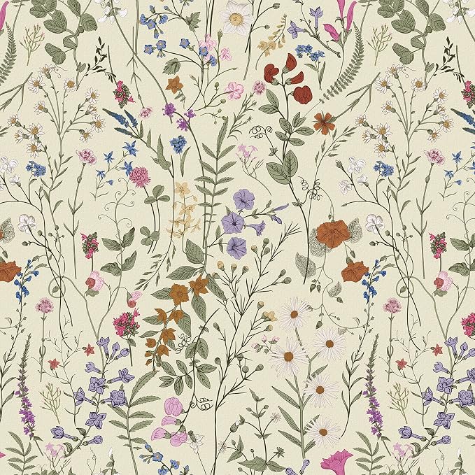 Wallpaper Self-Adhesive Blooming Vintage Colourful Flowers Wall Paper for Bedroom Living Room Cabinet, Peel and Stick Beige Sketch Little Flowers Wallpaper Mural 47.36 sq. feet (393.7"x17.3")