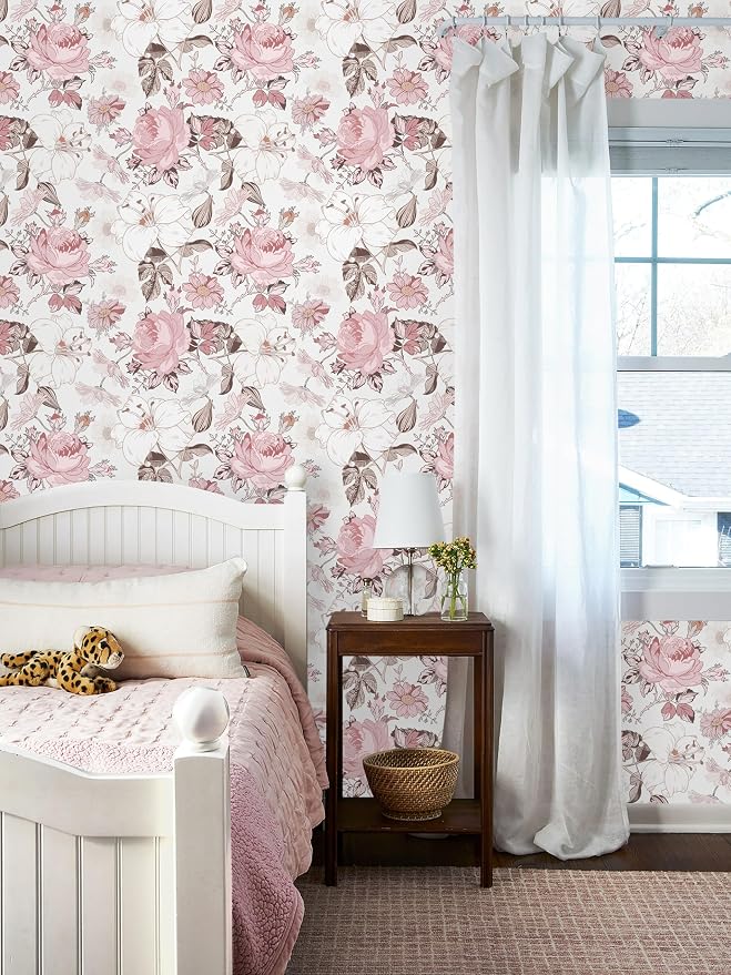 Hopepak Floral Peel and Stick Wallpaper Modern Pink Wall Paper Self Adhesive Removable Contact Paper for Girls Bedroom Cabinets Bathroom Nursery Home Decoration 16.1'' x 118''