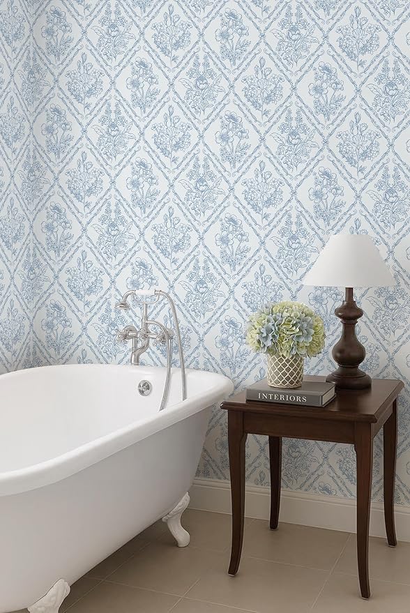 Toduso Peel and Stick Wallpaper Vintage Wall Paper Blue and White Contact Paper Floral Removable Wallpaper for Bathroom Bedroom Flower Waterproof Self Adhesive Vinyl Drawer Decor 17.3"x196.8"