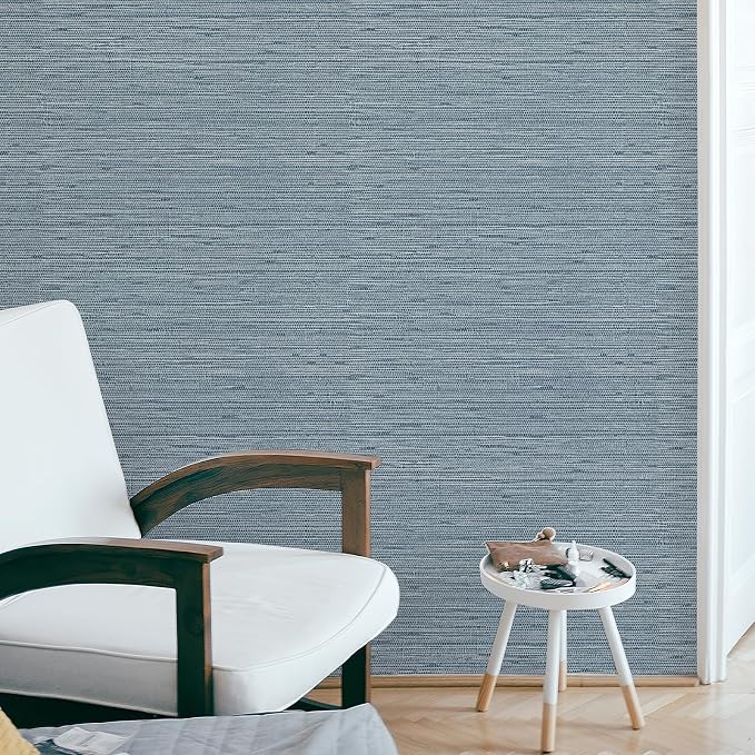 Simon&Siff Gray Blue Textured Grasscloth Peel and Stick Wallpaper 17.7"x1200" Neutral Faux Grassweave Waterproof Self Adhesive Removable Wallpaper Mural for Home Decor Bedroom Kitchen Cabinet