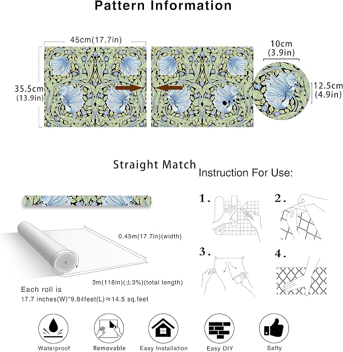 HAOKHOME Vintage Wallpaper Peel and Stick Floral Vine Green/Blue/Black Wall Murals Home Kitchen Bedroom Decor by William Morris 17.3in x 9.8ft