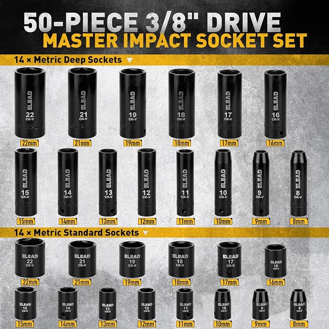 3/8" Drive Impact Socket Set - 50-Piece SAE (5/16" to 3/4") & Metric (8-22mm) Socket Wrench Set, 6-Point CR-V Steel Deep & Shallow Sockets with Ratchet Handle, Universal Joint, Extension Bar, Adapter