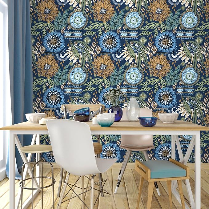 HAOKHOME Peel and Stick Wallpaper Boho Retro Floral Wall Paper Navy Blue Mustard for Bathroom Kitchen Accent Wall 17.3in x 9.8ft