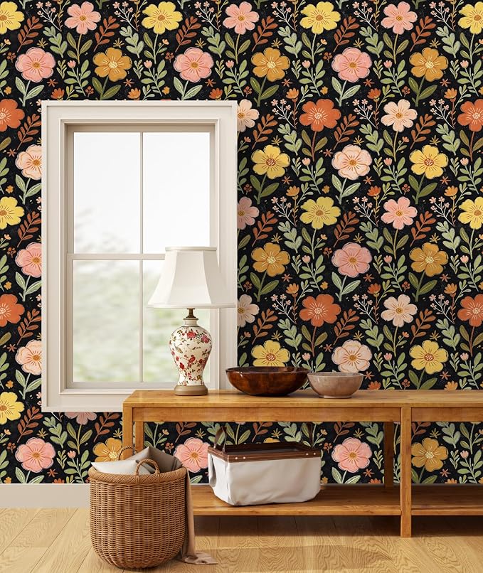 ILHIIOR Black/Orange Floral Peel and Stick Wallpaper 17.5 x 118 Inches | Leaf Removable Self Adhesive Waterproof Contact Paper, Renter Friendly Decor for Cabinets, Drawers & Bedroom Walls