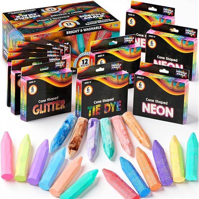 JOYIN 72 PCS Washable Sidewalk Chalk, 12 Packs Total, 3 Styles (Tie-Dye, Glitter & Neon), Outdoor Chalks for Painting, Drawing, Gifts for Kids