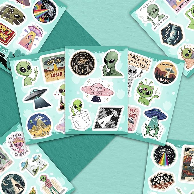 100Pcs UFO Stickers for Water Bottle, Laptop – Alien Stickers and Decals – UFO Gifts - Alien Party Supplies & Decorations - Gifts for Men & Women