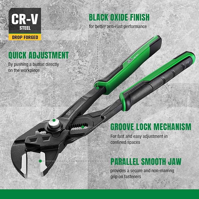 SK 5-Piece Pliers Set, Premium CR-V Steel, with EVA Foam Tool Organizer | 8" Adjustable Slip Joint Pliers, 8", 10" and 12" Quick Adjust V-Jaw Water Pump Pliers, 10" Smooth Parallel Jaw Pliers Wrench