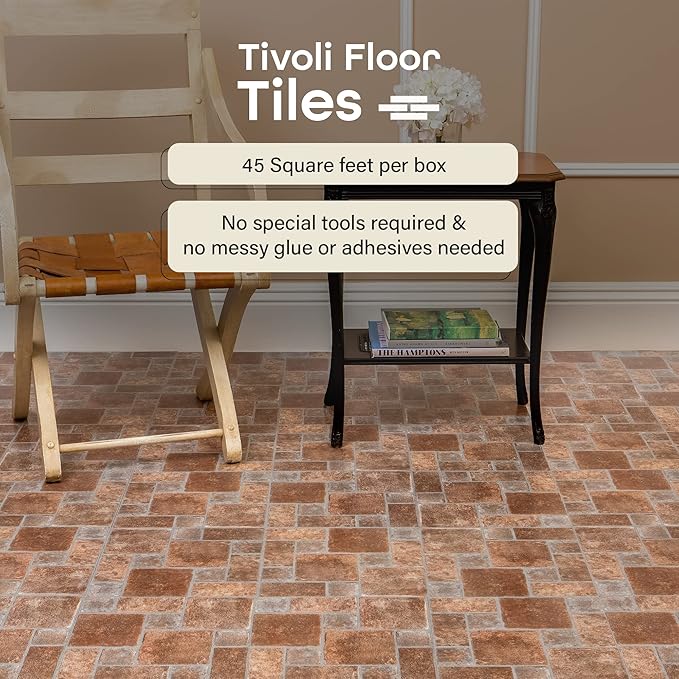 Tivoli Self Adhesive Vinyl Floor Tiles, 45 Tiles - 12" x 12", Brick Pavers Peel & Stick, DIY Flooring for Kitchen, Dining Room, Bedrooms, Basements & Bathrooms by Achim Home Decor