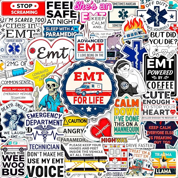 100Pcs Emergency Medical Technician Stickers for Water Bottle - Funny EMT Stickers and Decals - EMT Gifts, Party Decorations - Gift for Women & Men