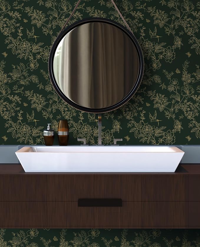 Froluya Green and Gold Peel and Stick Wallpaper for Bathroom 17.7in×590.5in | Dark Green Floral Wallpaper Vintage Contact Paper Peel and Stick Flowers Birds Removable Self Adhesive Cabinets Wall Paper