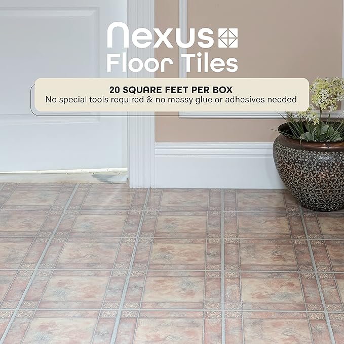 Nexus Self Adhesive 12-Inch Vinyl Floor Tiles, 20 Tiles - 12" x 12", Spanish Rose Pattern - Peel & Stick, DIY Flooring for Kitchen, Dining Room, Bedrooms & Bathrooms by Achim Home Decor