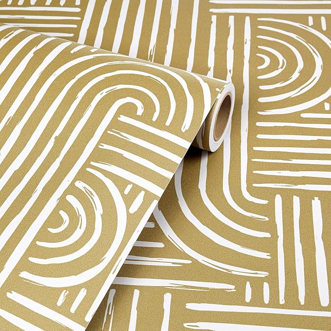 Livelynine Geometric Abstract Peel and Stick Wallpaper White and Gold Mid Century Modern Neutral Mustard Yellow Golden Beige Designs Wallpaper Boho Contact Paper Rolls Minimalist Removable 17.5x78.8