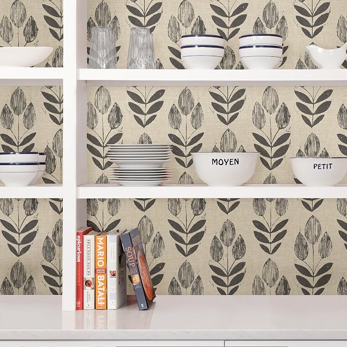 NuWallpaper Folk Tulip Peel and Stick Wallpaper, Neutral, Textured Removable Wallpaper, 20.5 in x 18 ft