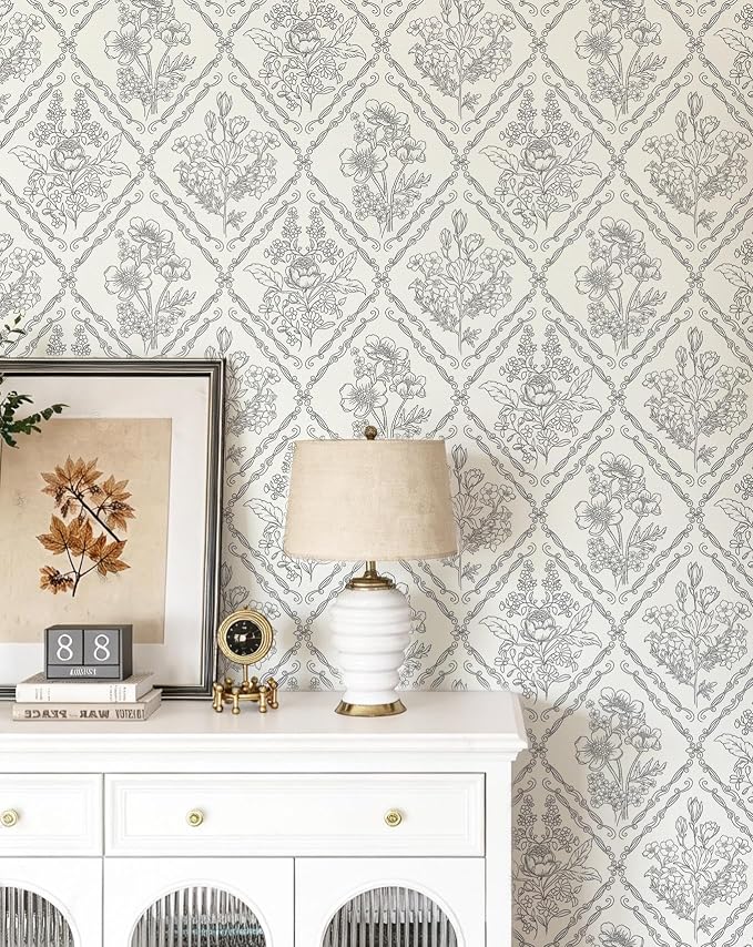 Toduso Peel and Stick Wallpaper Vintage Wall Paper Black and Cream White Contact Paper Removable Wallpaper for Kitchen Bathroom Bedroom Floral Waterproof Self Adhesive Vinyl Drawer Decor 17.3"x196.8"