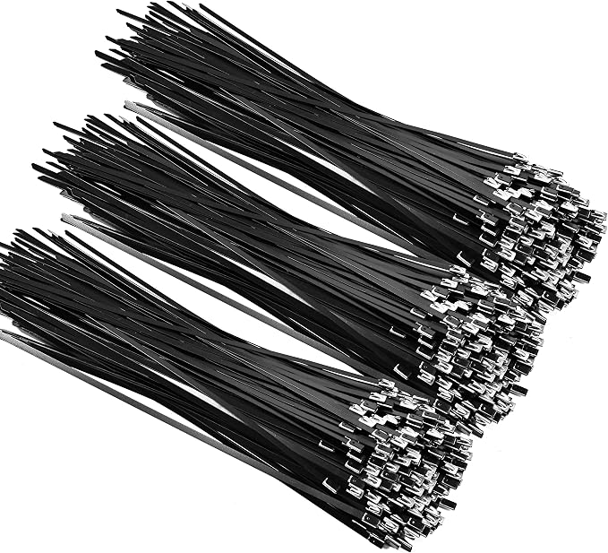 Metal Zip Ties 110 Pack（12"+18"+24"）, 304 Stainless Steel 300LBS Heavy Duty Zip Ties Black - Self-Locking Cable Ties for Exhaust Wrap，Chain Link Fence Parts, Outdoor Farms,Pipes