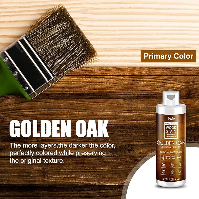 Water Based Wood Stain - Golden Oak | Wood Varnish for Indoor ＆ Outdoor Furniture, Wardrobe, Cabinets, Doors, Low Odor ＆ Non-Toxic, Fast Drying, Multiple Classical Finishes - 8.5fl.oz / 250ml