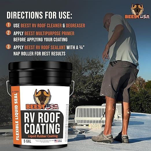 BEEST RV Roof Repair Kit Includes: Roof Coating 5G, EPDM Primer 1G, RV Cleaner 32 Oz, Non-Sag Lap sealant, Self-Leveling Lap Sealant, Seam Roller, Seam Tape & Gloves| Repair & Maintenance Bundle