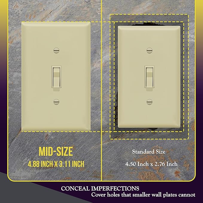 ENERLITES Toggle Light Switch Wall Plate, Gloss Finish, Midway Size 1-Gang 4.88" x 3.11", Unbreakable Polycarbonate Thermoplastic, UL Listed, 8811M-I, Ivory