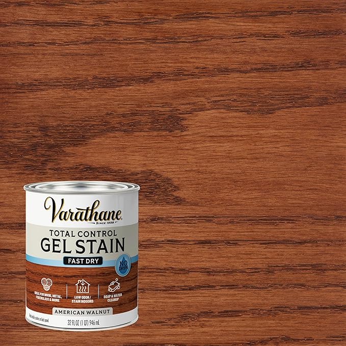 Varathane Total Control Gel Stain | Low Odor Water-Based Formula | Thick Gel Formula for Vertical Surfaces | Ideal for Wood, Metal & Fiberglass | Quart | American Walnut