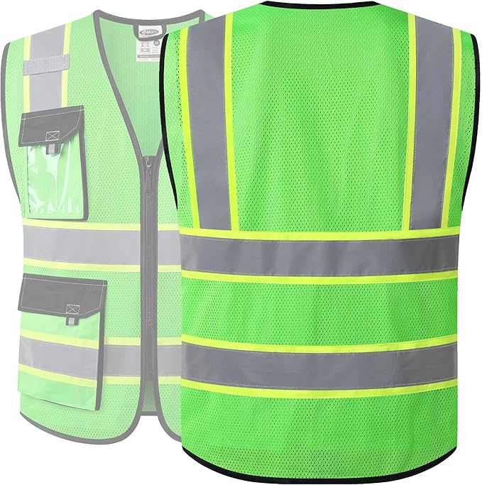 JKSafety Hi Vis Reflective Safety Vests for Men Women High Visibility Vest with Pockets Mesh Fabric Construction Safety Apparel Neon Vest for Work (220-Green L)