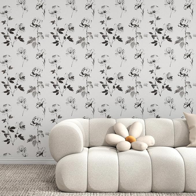 Hopepak Floral Wallpaper Peel and Stick Black and White Flower Peel and Stick Wall Paper Modern Contact Paper Removable Self Adhesive Wallpaper for Bathroom Bedroom Cabinet Decor Vinyl 17.3" x 78.7"