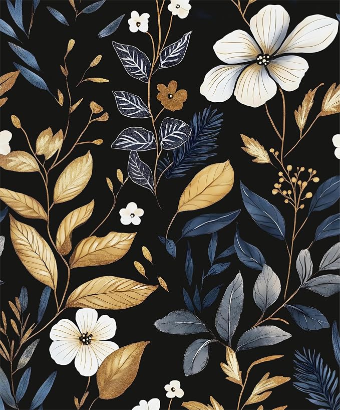 Vintage Dark Blue Gold Floral Peel and Stick Wallpaper 17.5"x787" | Self Adhesive/Removable/Waterproof/Thick Vinyl Extra Long Contact Paper for Bathroom Bedroom Shelf Cabinet Drawer,Prepasted