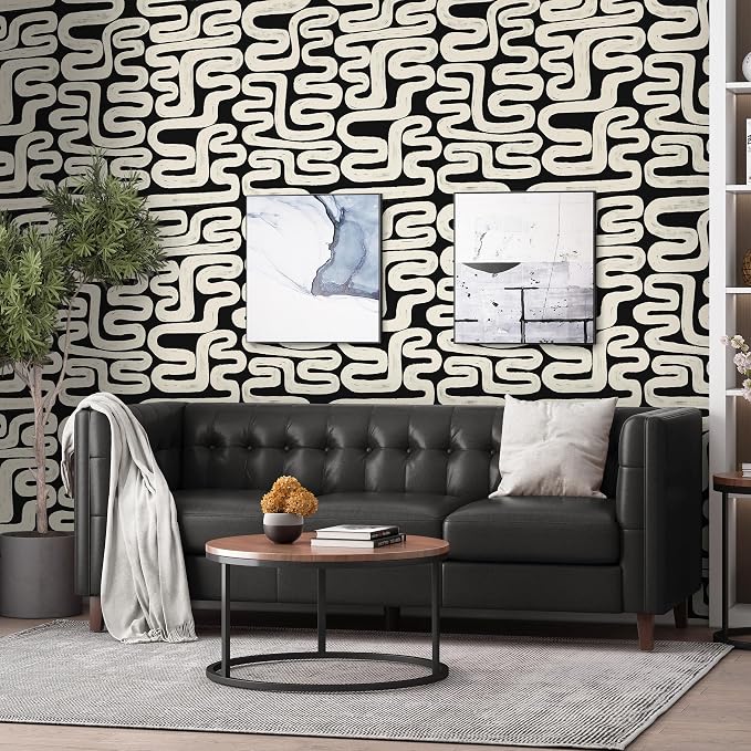 Black and Cream White Peel and Stick Wallpaper Modern Geometric Self-Adhesive Removable Contact Paper Thicken Waterproof Easy to Clean Decorative Wall Paper for Bedroom Bathroom 17.3in x 394in