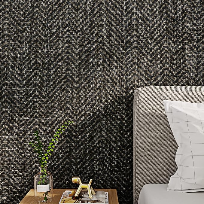 FunStick 24"x200" Black and Gold Peel and Stick Wallpaper Removable Geometric Grasscloth Wallpaper Fabric Grass Cloth Black Contact Paper Self Adhesive Wallpapers for Bedroom Cabinets Drawers Shelves