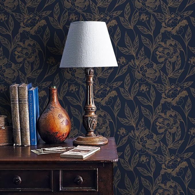 Timeet Peel and Stick Wallpaper Gold and Blue Floral Wall Paper for Bedroom Removable Self Adhesive Elegant Contact Paper Decor 17.7In × 78.7In