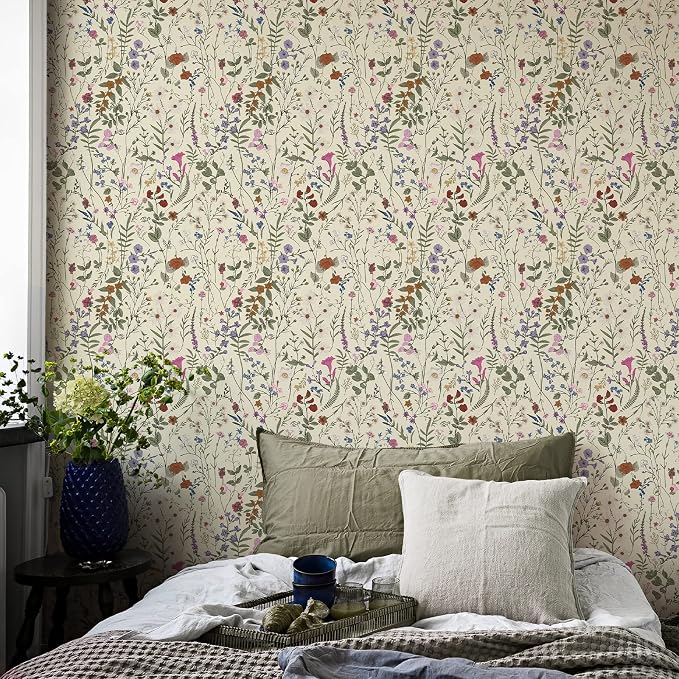 JiffDiff Floral Wallpaper Peel and Stick- 1181" x 17.3" Farm Floral Wall Paper, Wildwood Daisy Self Adhesive Stick On Wallpaper Removable Contact Paper