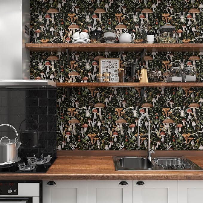 Mushroom Wallpaper Peel and Stick Black Contact Paper 17.7"×197" | Self Adhesive Wallpaper Removable Boho Leaf Forest Contact Paper for Cabinets Kitchen Vintage Wallpapers Waterproof Vinyl