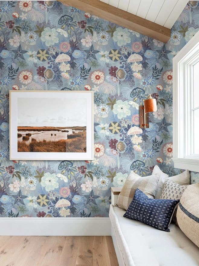 Ismoon Floral Peel and Stick Wallpaper Vintage Blue Contact Paper Jellyfish Ocean Stick on Wall Paper Removable Self Adhesive Vinyl Wallpaper for Bedroom Wall Decor Cabinet Refurbishment 17.3x393in