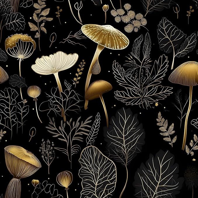 Laatse Boho Wallpaper Peel and Stick Dark Floral Contact Paper 17.5" x 118" Vinyl Self Adhesive Vintage Mushrooms Wall Mural Leaf Wall Paper for Room Countertop Drawer Decor(Golden,Black)
