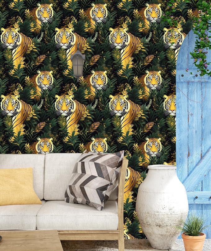 Gold Vintage Tiger Peel and Stick Wallpaper 17.5" x 118" | Waterproof Vinyl Self Adhesive Removable Renter Friendly Floral Contact Paper