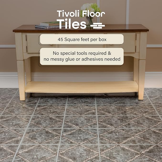 Tivoli Self Adhesive Vinyl Floor Tiles, 45 Tiles - 12" x 12", Metallic Marble Diamond - Peel & Stick, DIY Flooring for Kitchen, Dining Room, Bedrooms, Basements & Bathrooms by Achim Home Decor
