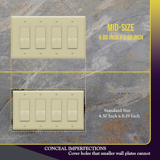 ENERLITES Decorator Light Switch or Receptacle Outlet Wall Plate, 4-Gang 4.88" x 8.58", Gloss Finish, Mid-Size, Unbreakable Polycarbonate Thermoplastic, UL Listed, 8834M-I, Ivory