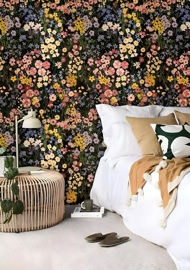 Vintage Floral Peel and Stick Wallpaper for Bedroom,Cabinets 17.3" x 118" | Textured Vinyl Contact Paper Self Adhesive Removable Waterproof Black/Green/Pink Stick on Wall paper for Kitchen Bathroom