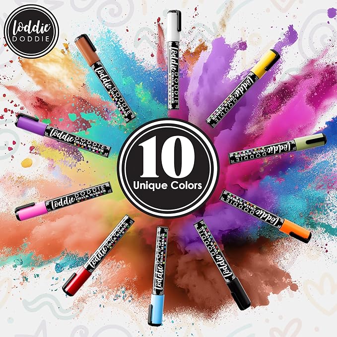 Loddie Doddie Chalk Markers - 10-Pack Earth Tones, 6mm Tips - Erasable Pens for Blackboard & Glass - Reversible Tips for Chalkboard Paint - Vibrant Liquid Chalk Window Markers for Cars & Home Glass