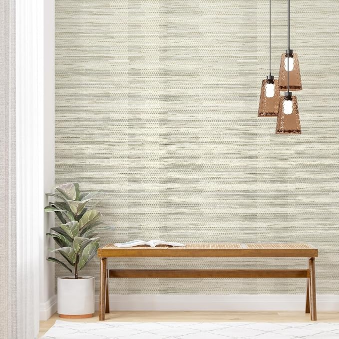 Simon&Siff Cream Textured Grasscloth Peel and Stick Wallpaper 17.7"x197" Neutral Faux Grassweave Wallpaper Waterproof Self Adhesive Removable Wallpaper Mural for Home Decor Bedroom Kitchen Cabinet
