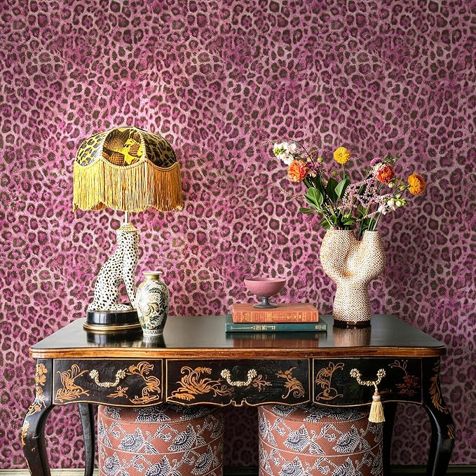 Upgrade Pink Leopard Print Peel and Stick Wallpaper, 17.3" x 400" | Waterproof Removable Self Adhesive Wallpaper, Unique Funky Cheetah Contact Paper for Bedroom, Bathroom, Decor,48.1 sq.