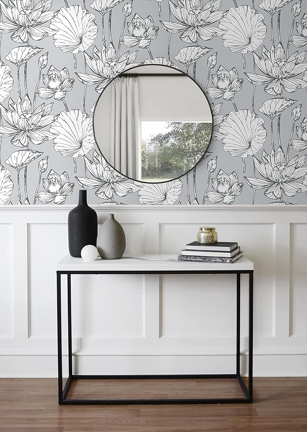 NextWall Lotus Floral Peel and Stick Wallpaper (Gray)