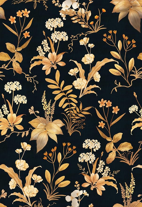 Simon&Siff Vintage Floral Peel and Stick Wallpaper 17.3" x 480" | Black Gold Botanical Contact Paper, Removable Wall Paper, Renter Friendly, for Cabinets, Furniture, DIY Decor